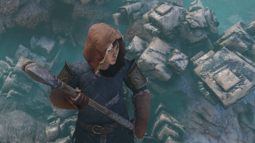 The player in Enshrouded stands in front of a Salt vein.