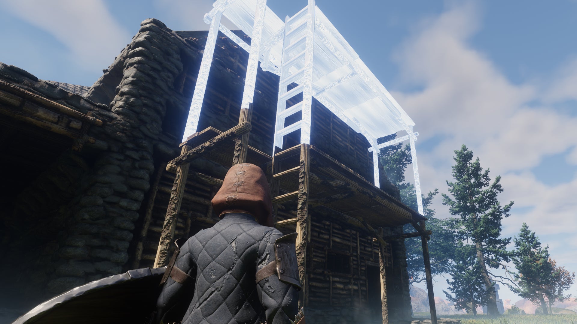 The player in Enshrouded places Scaffolds atop one another to reach higher up while building their house. - 5