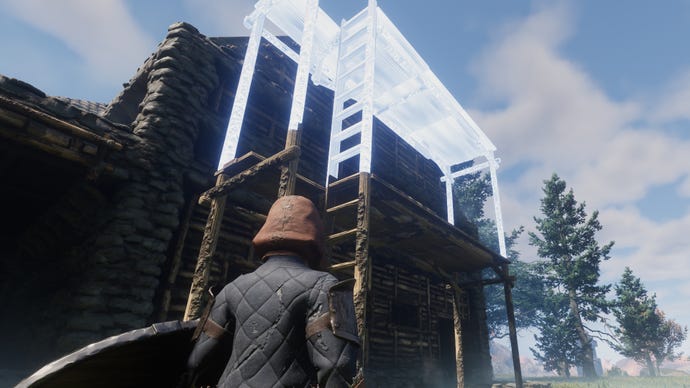 The player in Enshrouded places Scaffolds atop one another to reach higher up while building their house.