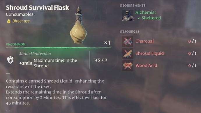 A close-up of the Shroud Survival Flask recipe in the crafting screen of Enshrouded.