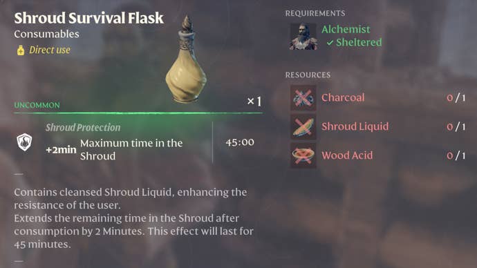 A close-up of the Shroud Survival Flask recipe in the crafting screen of Enshrouded.