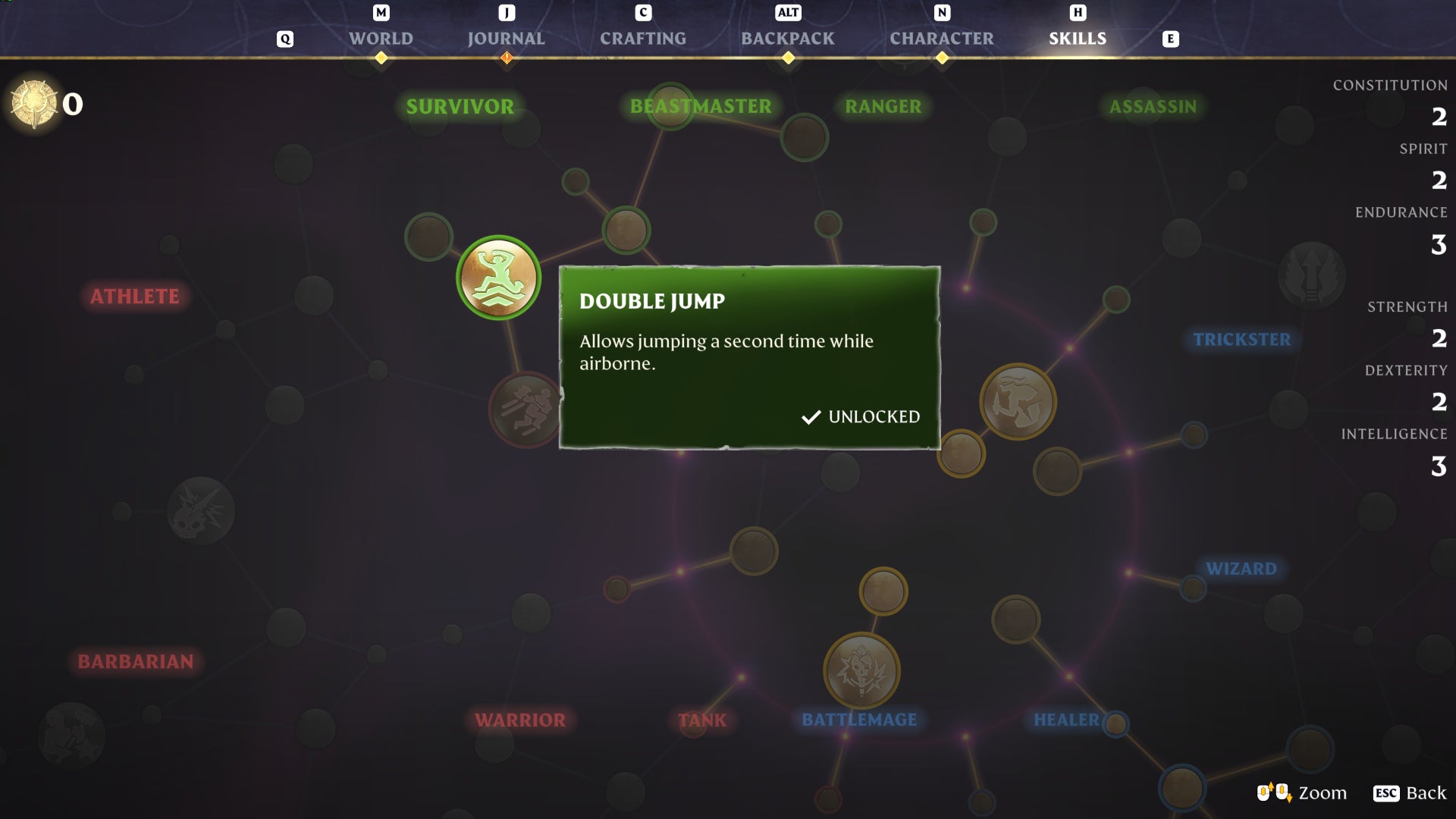 The Enshrouded skill tree, with the Double Jump skill highlighted. - 6