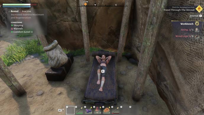 An Enshrouded character relaxes on a camp bed inside an abandoned tent.