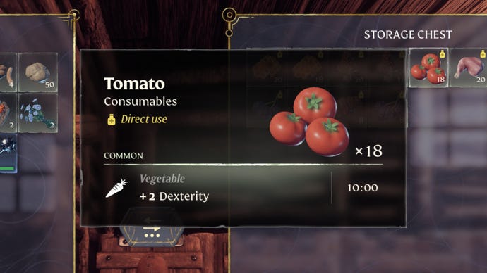 A close-up of some tomatoes in a player’s inventory in Enshrouded.