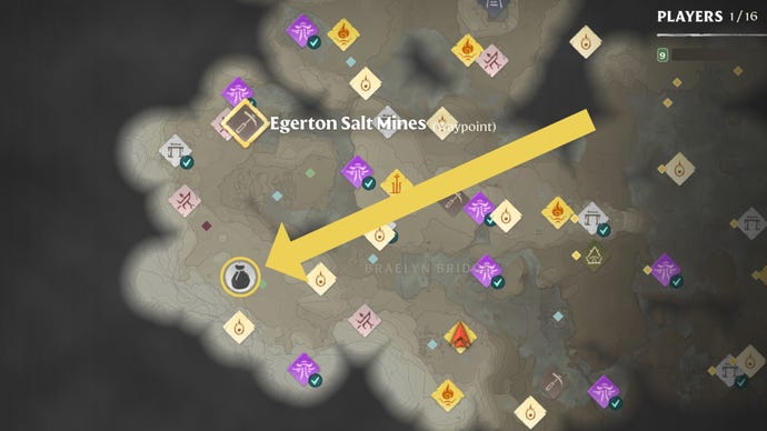 Part of the map of Enshrouded, with the location of a Salt deposit marked with a yellow arrow.