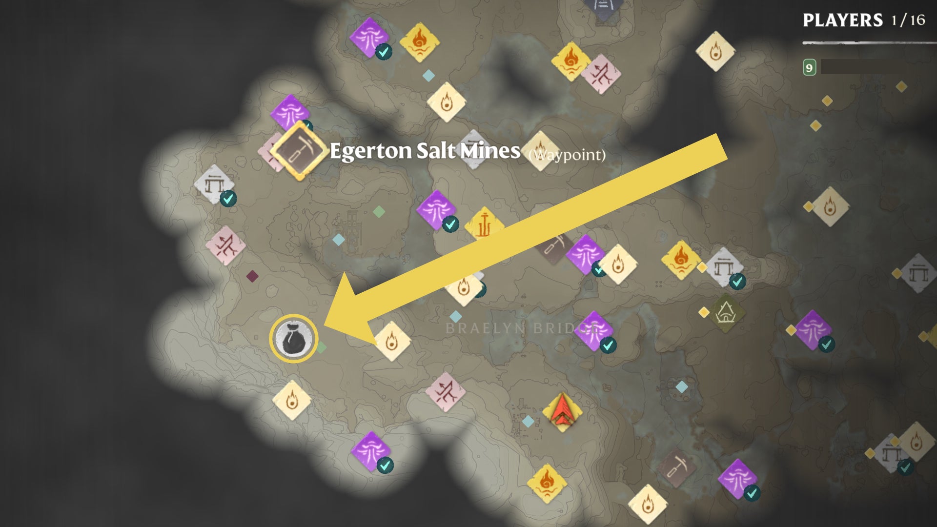 Part of the map of Enshrouded, with the location of a Salt deposit marked with a yellow arrow. - 5