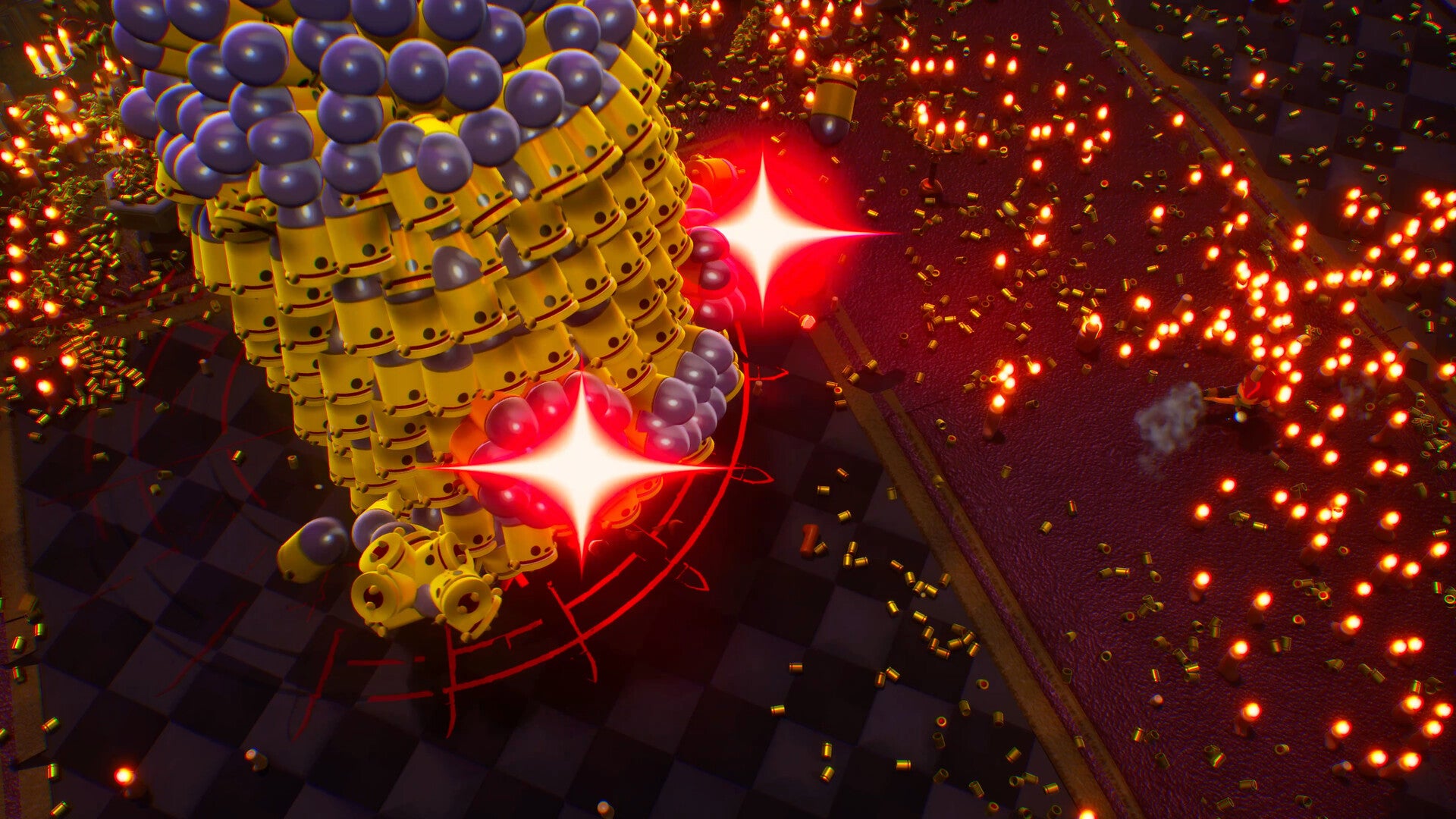 A mass of characters that look like bullets have formed to create one giant bullet with glowing red eyes in Enter the Gungeon 2. - 1