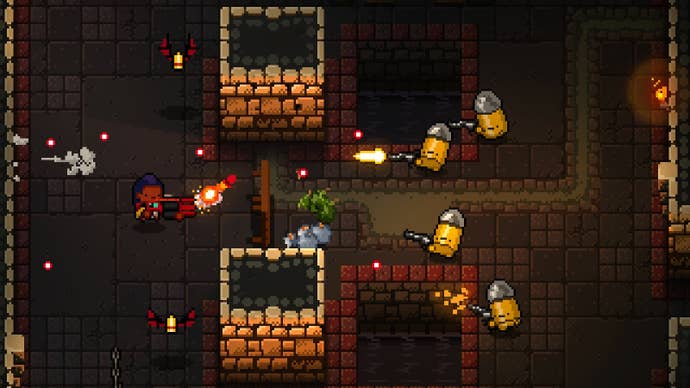 An intense shootout scene from Enter The Gungeon