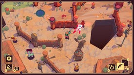 A screenshot of Enter the Chronosphere, showing the player weaving across a sandy orange space island firing bullets at hordes of creatures.
