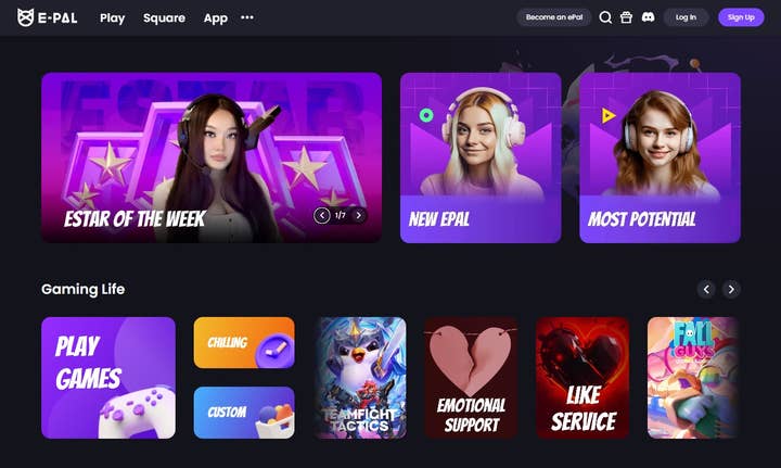 Front page of epal.gg with three women featured as "estar of the week," "new epal," and "most potential." There are also sections to search for epals who will play games with you, chill with you, provide emotional support, or "like service," which is liking your social media posts for money.