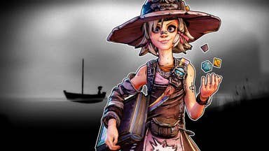 Composite image showing Tiny Tina from Tiny Tina's Wonderlands superimposed over a gloomy black and white screenshot from Limbo.