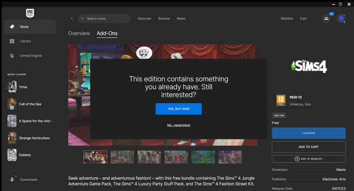 A pop-up on the Epic Games launcher store page, warning a user that they are about to purchase content they already own.