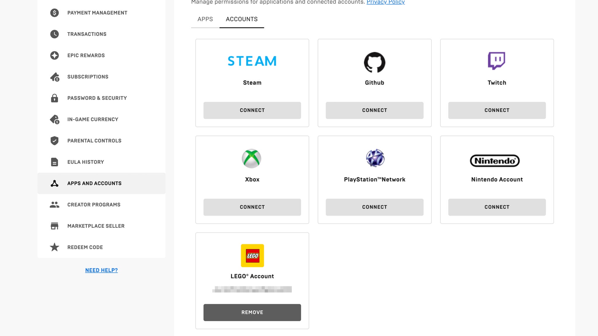 A page on the Epic Games website showing all the apps and accounts - including LEGO Insiders - linked to a user's login. - 3