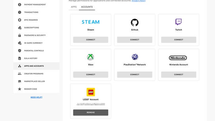 A page on the Epic Games website showing all the apps and accounts - including LEGO Insiders - linked to a user's login.