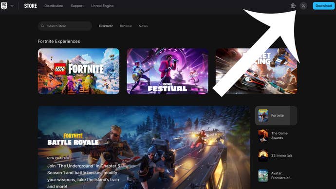 Arrow pointing at the button players need to press to access the login page on the Epic Games Store website.