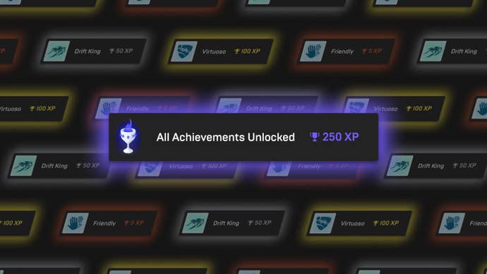 Epic Games Store achievements header image showing different game achievements and XP values. "All Achievements Unlocked" in the center is worth 250 XP.