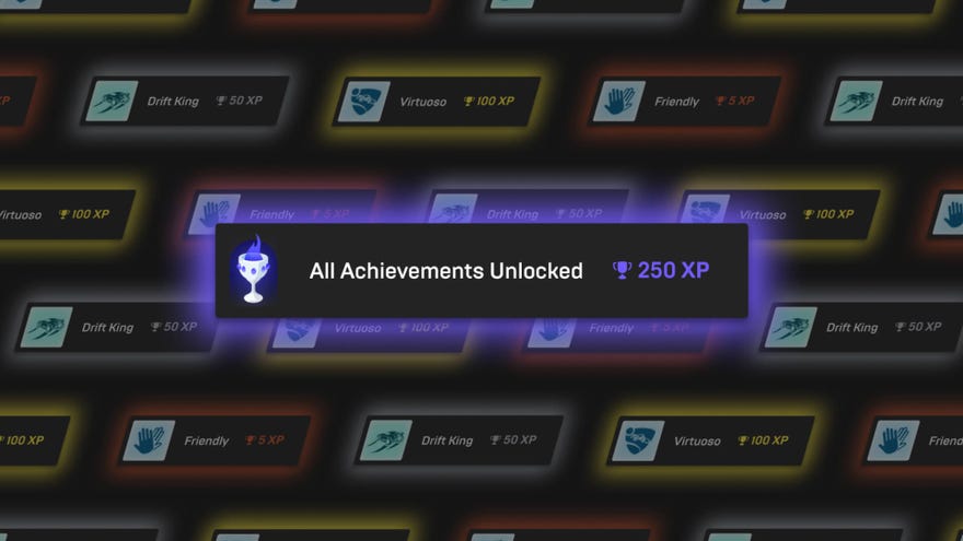 Epic Games Store achievements header image showing different game achievements and XP values. “All Achievements Unlocked” in the center is worth 250 XP.