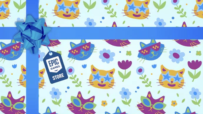 Artwork from the Epic Games Store showing a gift that has been wrapped, which is for a free mystery game that will be released.