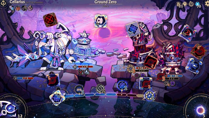 A side view of a fantastical battle taking place in the roguelike Astrea: Six Sided Oracles, which is free for a limited-time on the EGS.