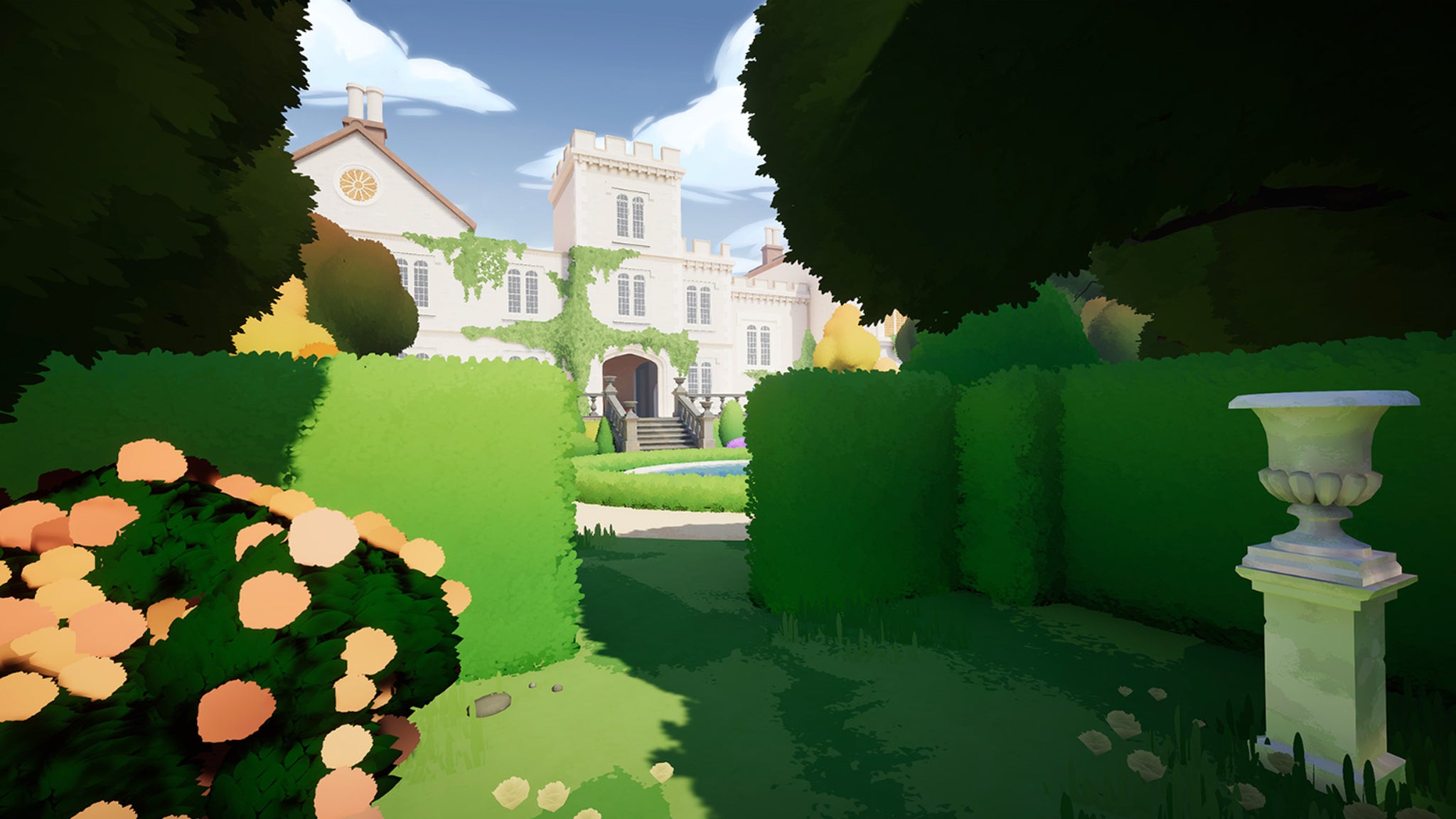 A first-person view of a lush and intricate garden with a mansion in the background in the game Botany Manor. - 3