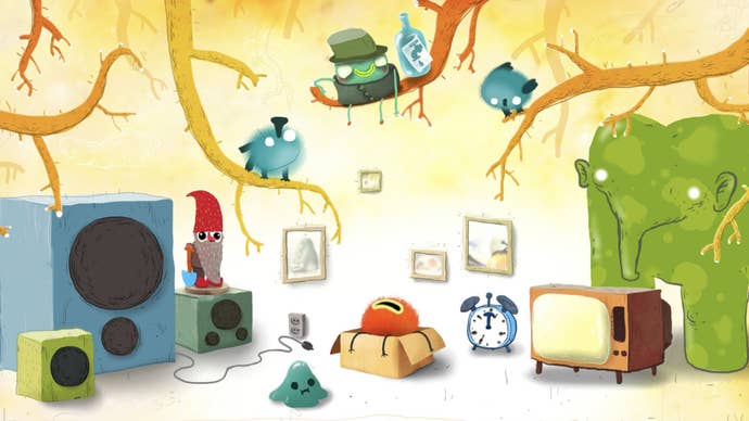 Artwork for the indie game Chuchel that features the game’s abstract but charming creatures lazing around a living room.