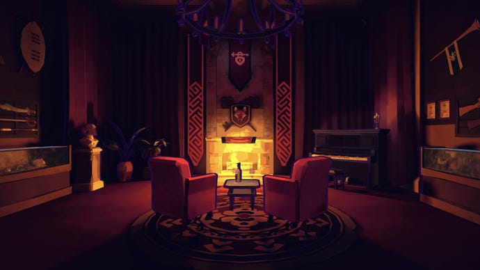 Artwork for the game Escape Academy, showing a dimly lit room with a fireplace and weapons mounted on the walls.