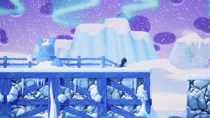 A 2.5D cat exploring a snowy, platforming level in the game Neko Ghost, Jump!