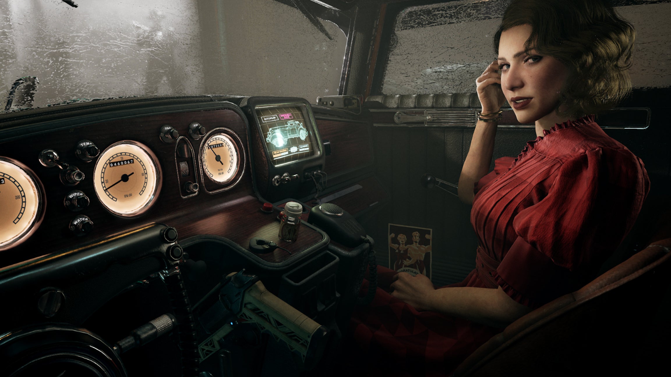 A woman in a dress sits in a retro-styled flying car in the game Nobody Wants To Die, which was available for free for a limited time from the Epic Games Store.