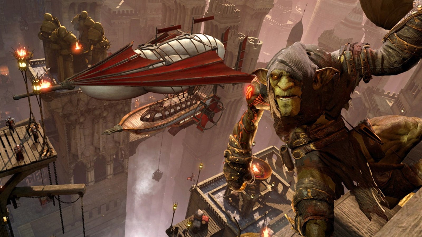 Styx climbing a building with an airship below him in Styx: Master of Shadows, which was available for free from the Epic Games Store for a limited amount of time. - 5