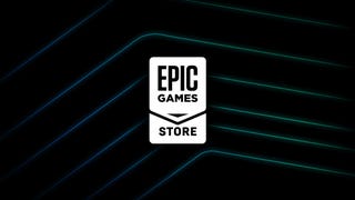 Epic Games Store logo on a black background with glowing, angled lines.