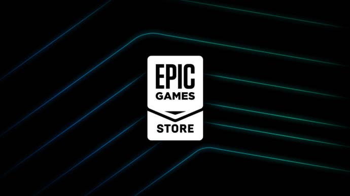 Epic Games Store logo on a black background with glowing, angled lines.