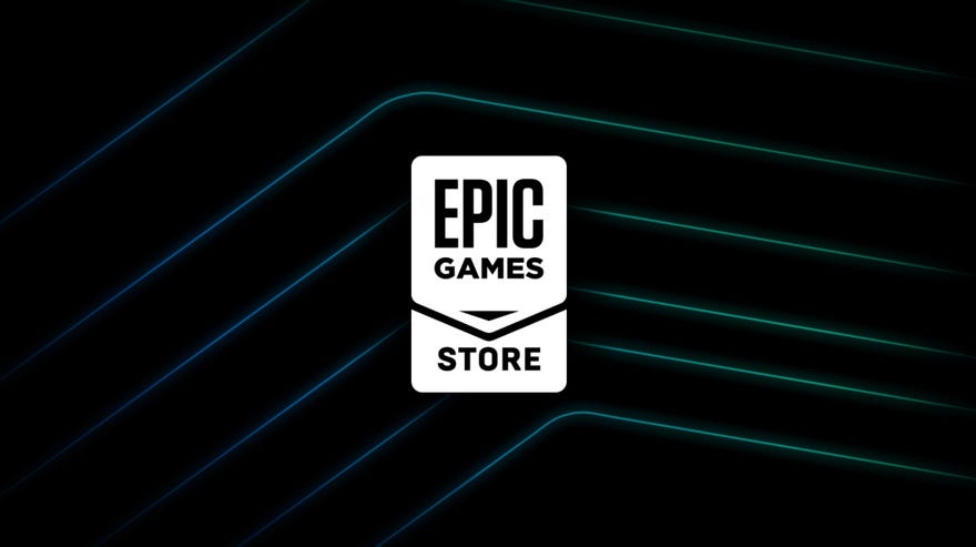 Epic Games Store logo on a black background with glowing, angled lines.