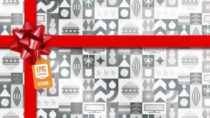 Artwork for the Epic Games Store Mystery Game promotion, showing Christmas wrapping paper with an Epic Games Store gift tag.