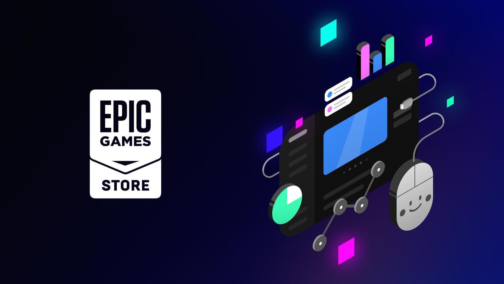The Epic Games Store logo next to various bar charts, a computer mouse, and a screen in a 2D form. - 1