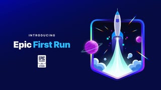 Logo for Epic First Run program, showing a rocket ship blasting off against the shape of the Epic Games shield, with planets and clouds against a starry backdrop