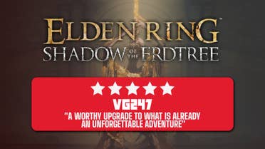 Midra, Lord of Frenzied Flame, with the Elden Ring Shadow of the Erdtree logo and VG247's five star review score.
