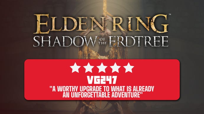Midra, Lord of Frenzied Flame, with the Elden Ring Shadow of the Erdtree logo and VG247's five star review score.