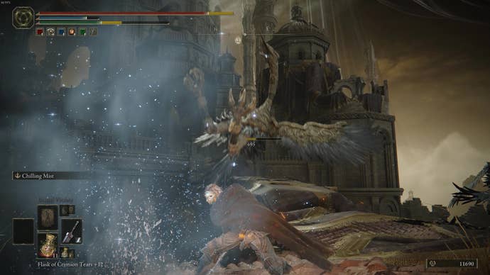 Fending off a mechanical bird in Elden Ring: Shadow Of The Erdtree.