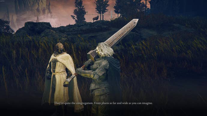 A heavily armoured player with Guts' greatsword chats to Leda in Elden Ring: Shadow Of The Erdtree.