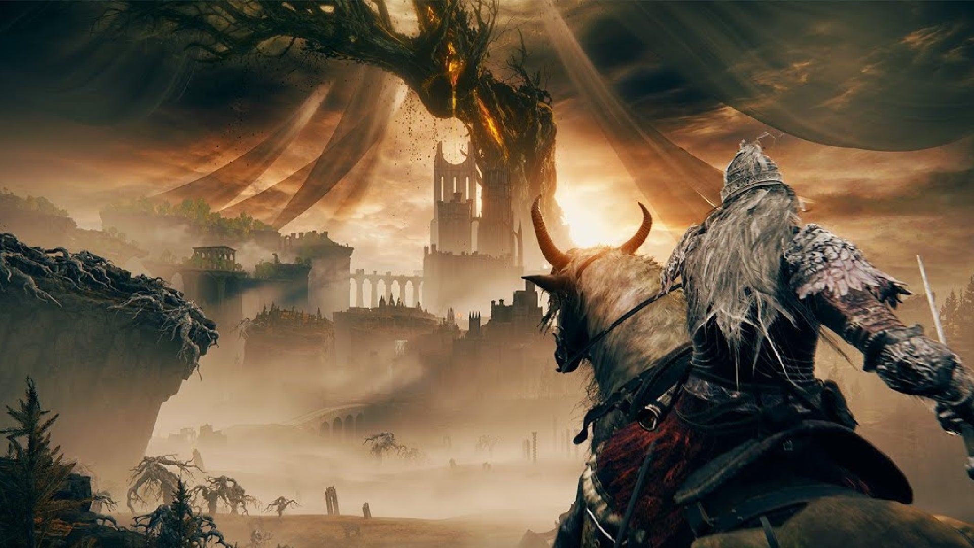 Promotional art for Elden Ring: Shadow of the Erdtree, showing the Tarnished atop Torrent viewing the Shadow Realm. - 1