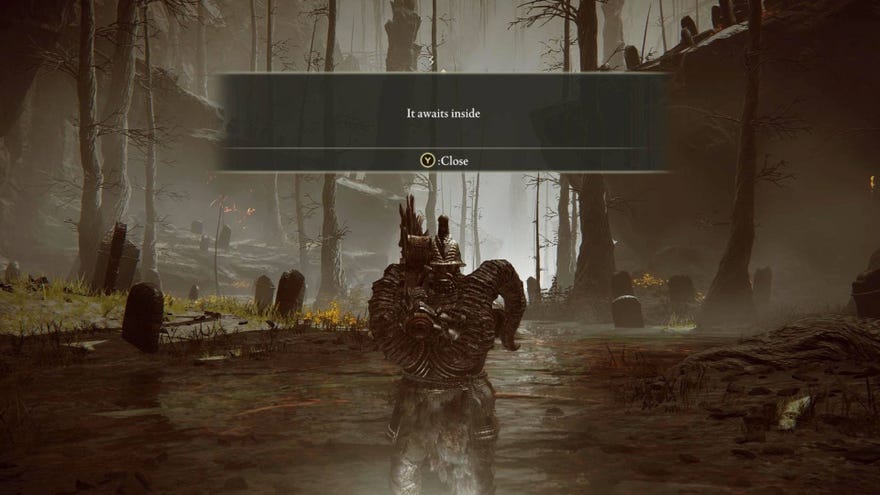 A heavily armoured player turns to the camera as a message says “It waits inside” flashes above their head in Elden Ring: Shadow Of The Erdtree.