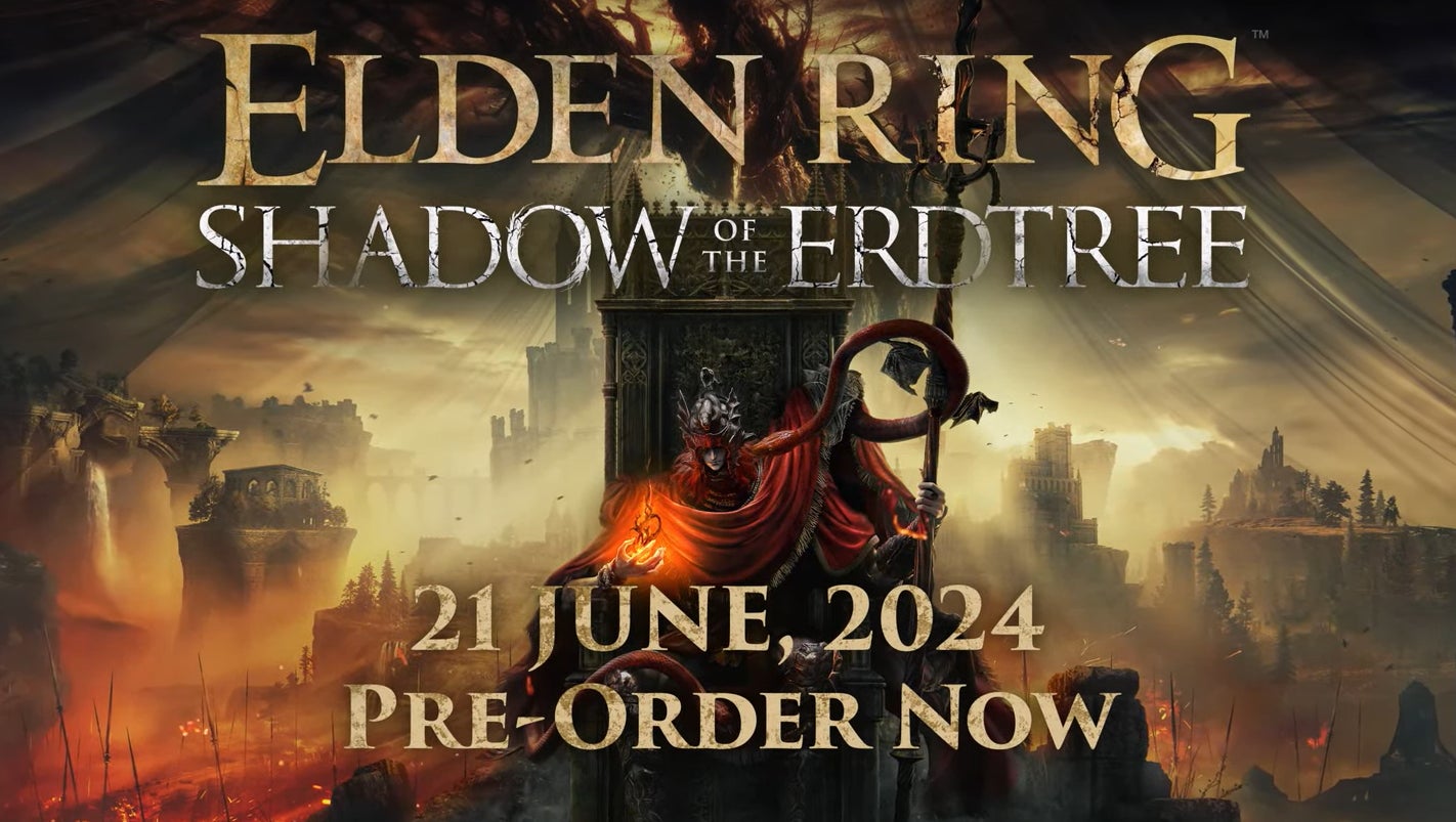 Elden Ring Shadow Of The Erdtree promo art showing a monstrous figure on a throne - 1