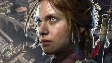 Close-up of Eriksholm: The Stolen Dream protagonist Hanna superimposed over a screenshot of the titular city.
