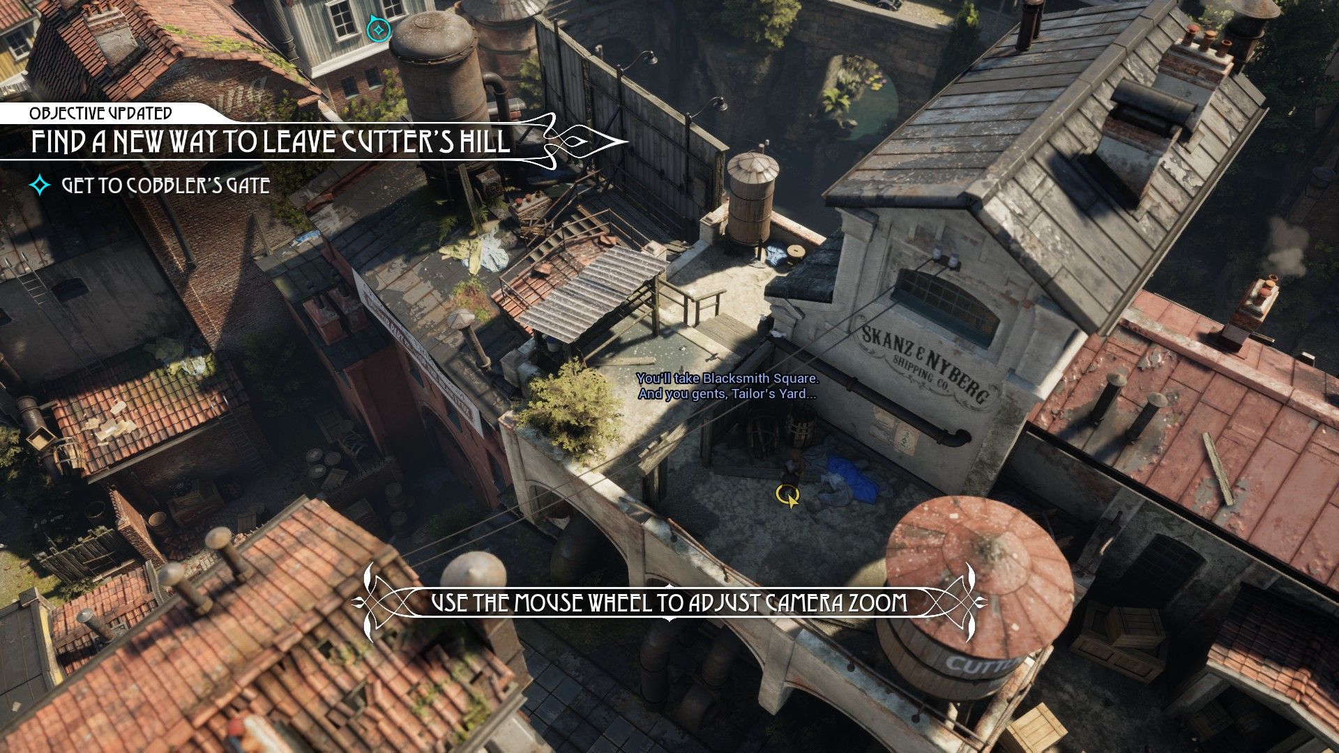 A top-down view of the city, with some goals for the player plastered on a UI. - 1