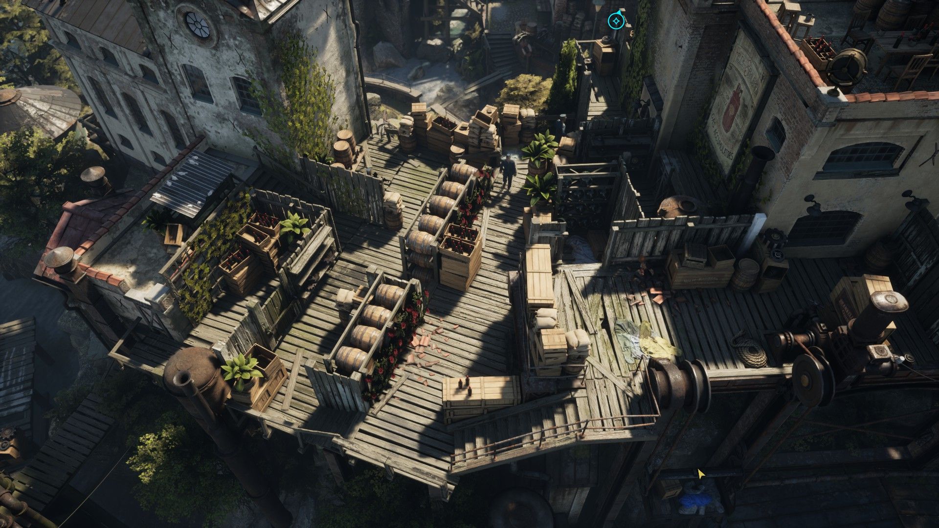 A garden full of wine barrels makes a route to sneak through for the player. - 6