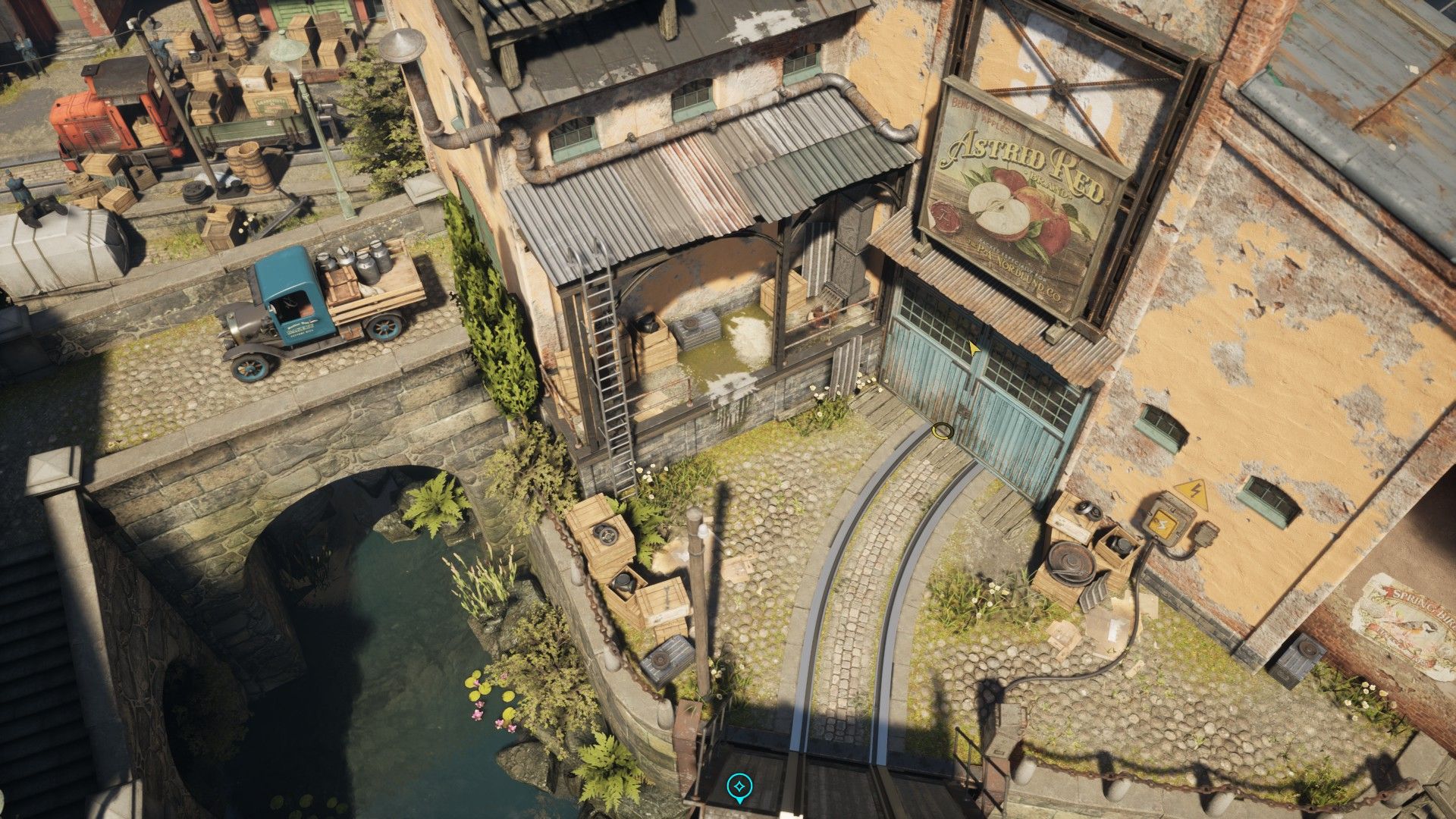 A bridge over a canal holds a truck as ivy grows on walls nearby. - 11