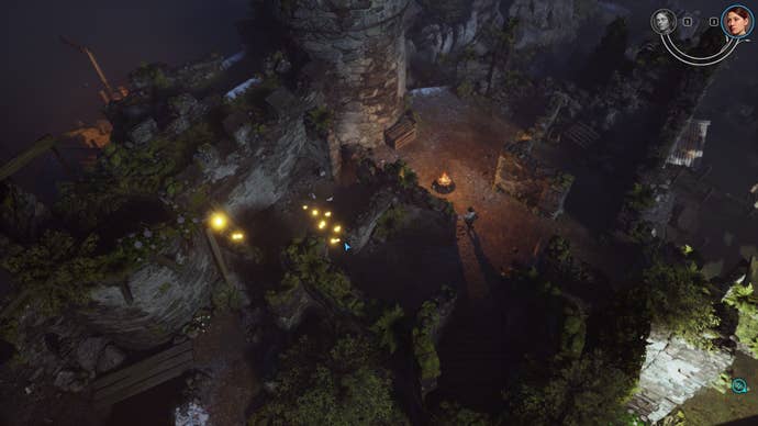 An overgrown cavern afloat of rocks is patrolled by force guards.