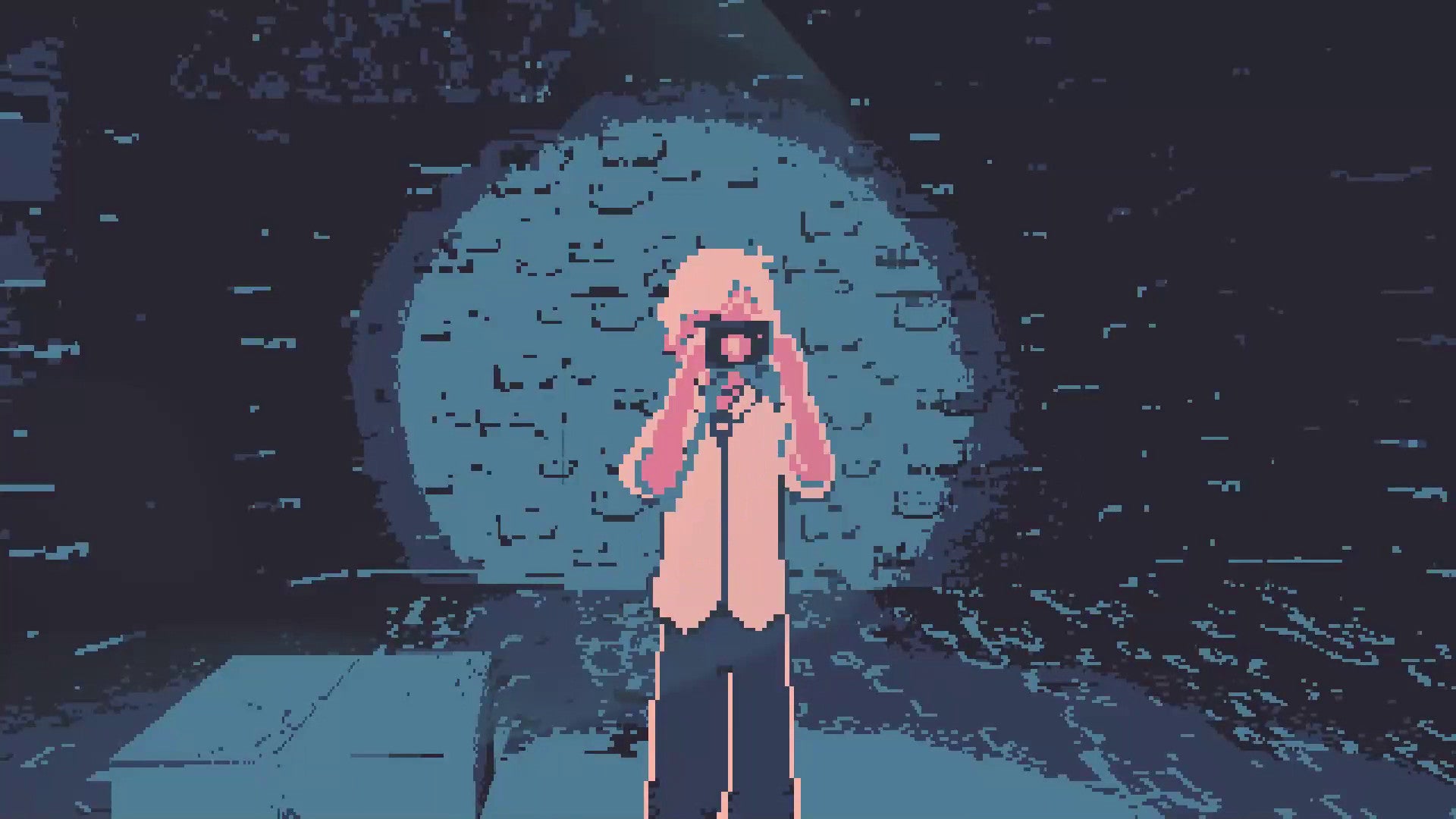 Eronoctosis - A character holds a camera up to their face while looking at the player