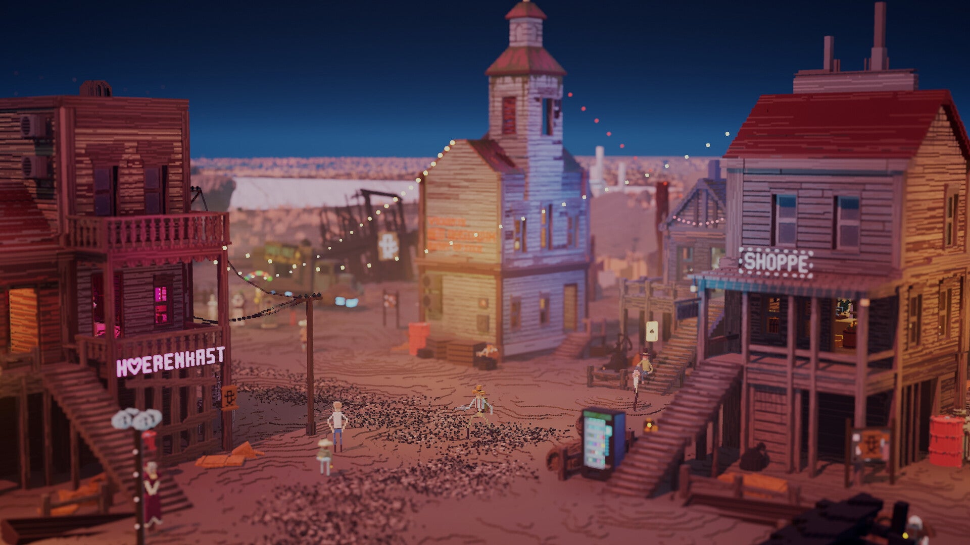 A Wild Western street represented in colourful voxels in Erosion, with a chaple and stores. - 1