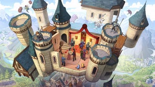 The Elder Scrolls: Castles key artwork showing an open slice of a castle. The ruler sits on the throne as their subjects mill about and soldiers keep guard.